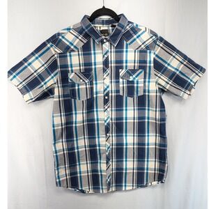 MICROS Men's Short Sleeve Plaid Pearl Snap Button‎ Up Shirt Blue Cream Size L